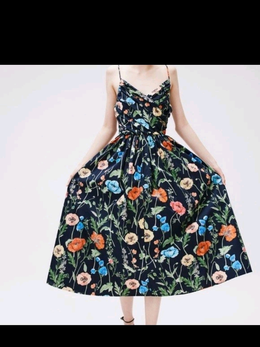 NEW H&M Black Floral Cotton Midi Slip Dress Strappy Fit Flare Sundress Size S